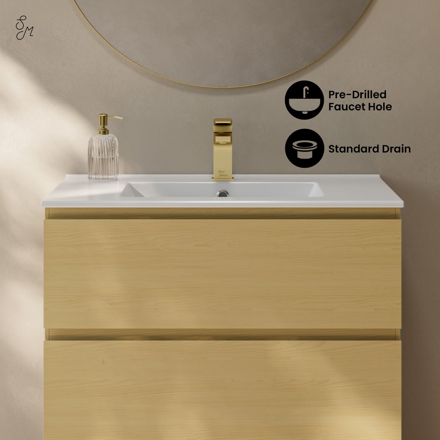 Swiss Madison, Liberte 30" Freestanding Bathroom Vanity in Natural Oak with Sink Top