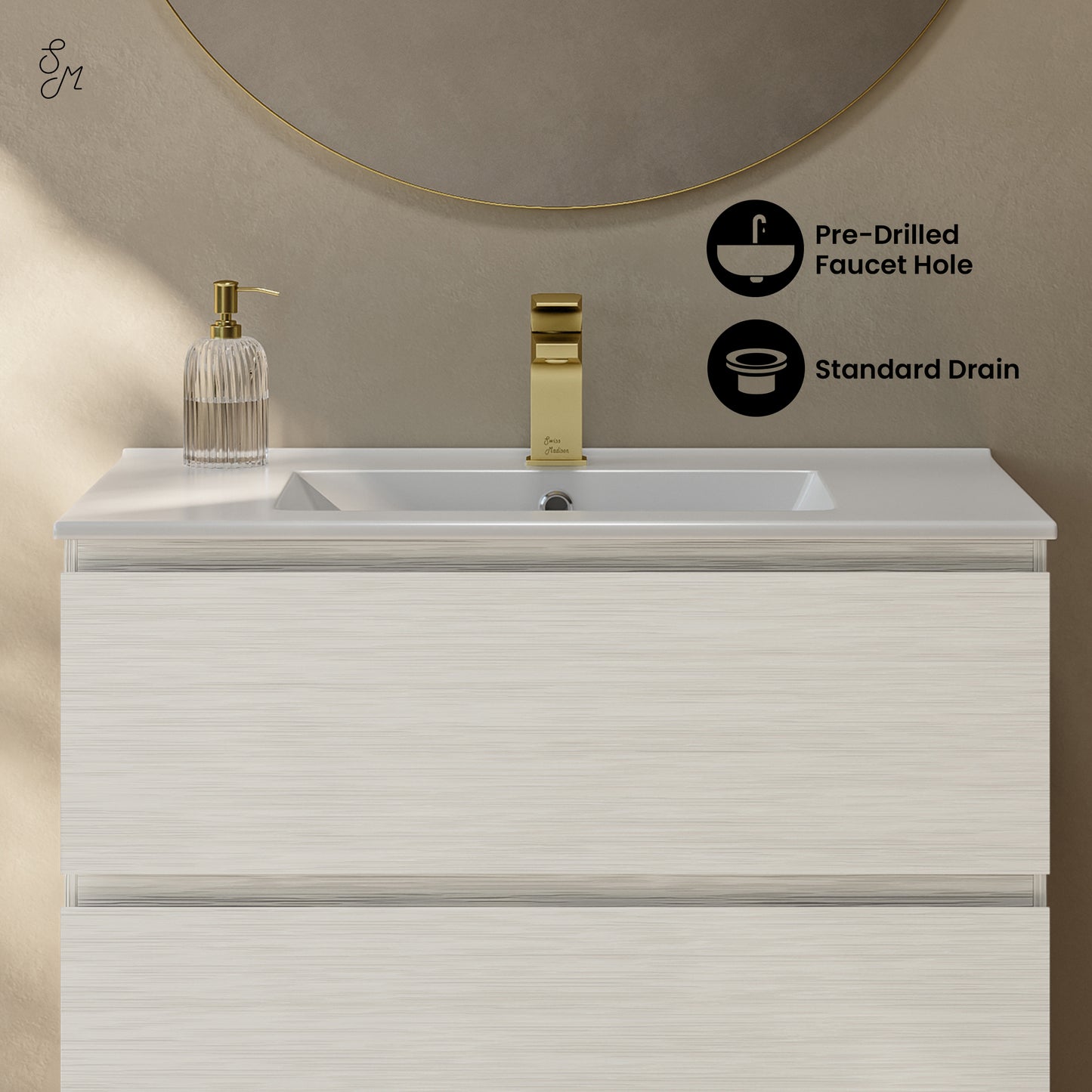 Swiss Madison, Liberte 30" Freestanding Bathroom Vanity in White Oak with Sink Top