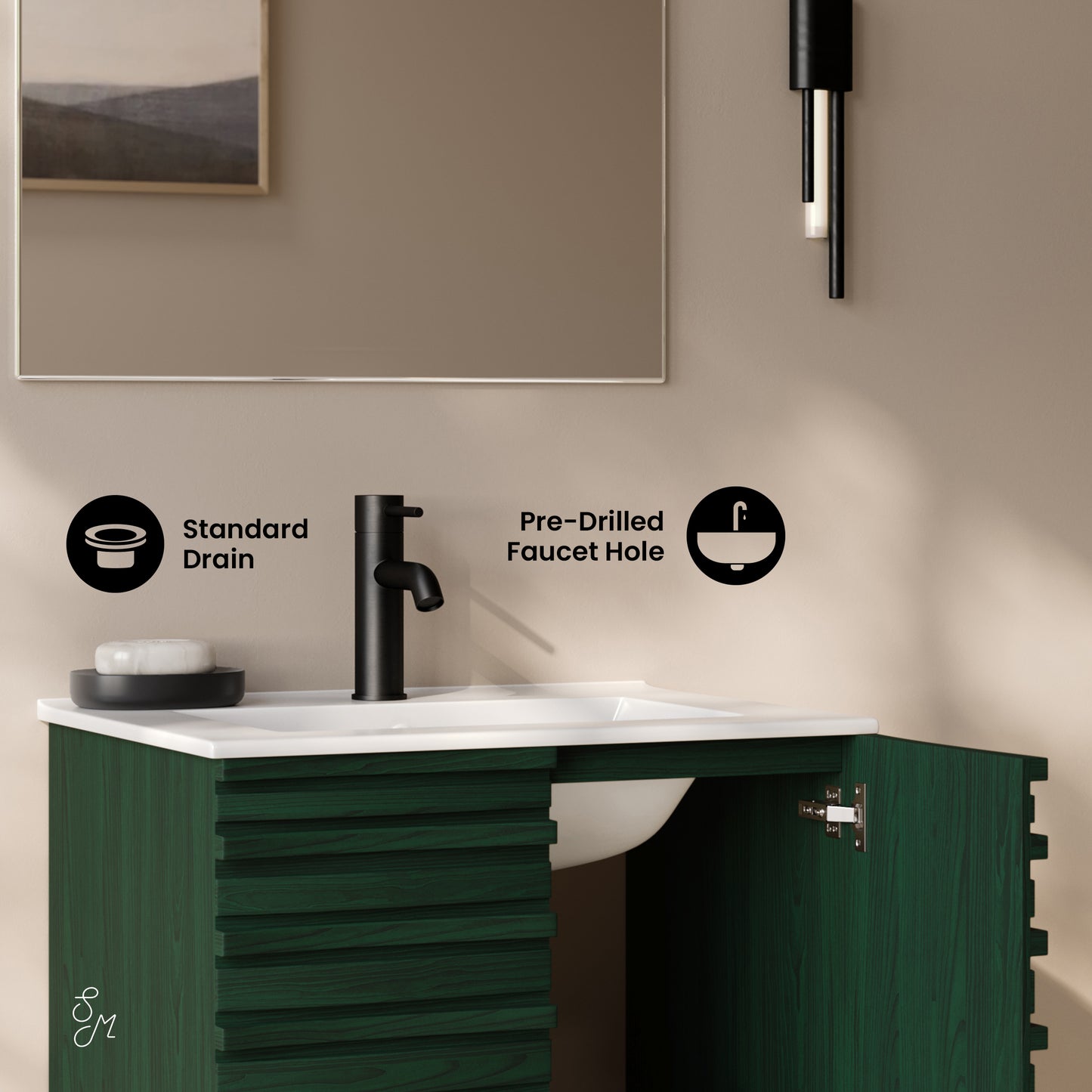 Swiss Madison, Cascade 24" Wall-Mounted Bathroom Vanity in Green Oak with Sink Top