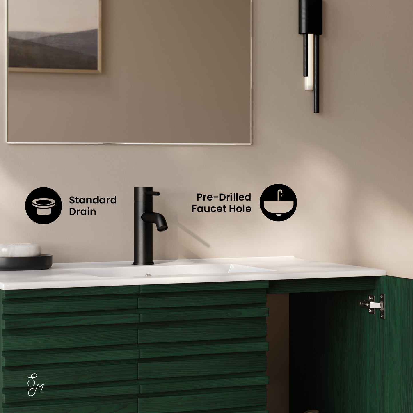 Swiss Madison, Cascade 36" Wall-Mounted Bathroom Vanity in Green Oak with Sink Top