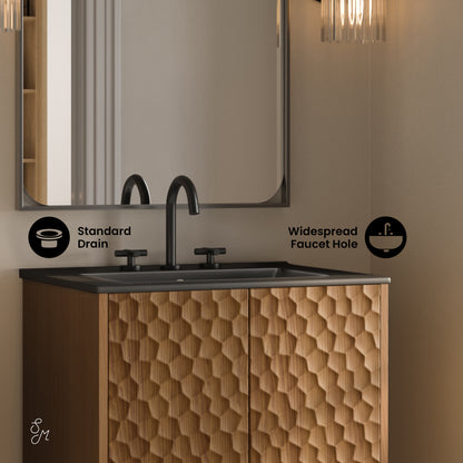 Swiss Madison, Bosse 24" Freestanding Bathroom Vanity in Brown Oak with Black 3-Hole Centerset Sink Top