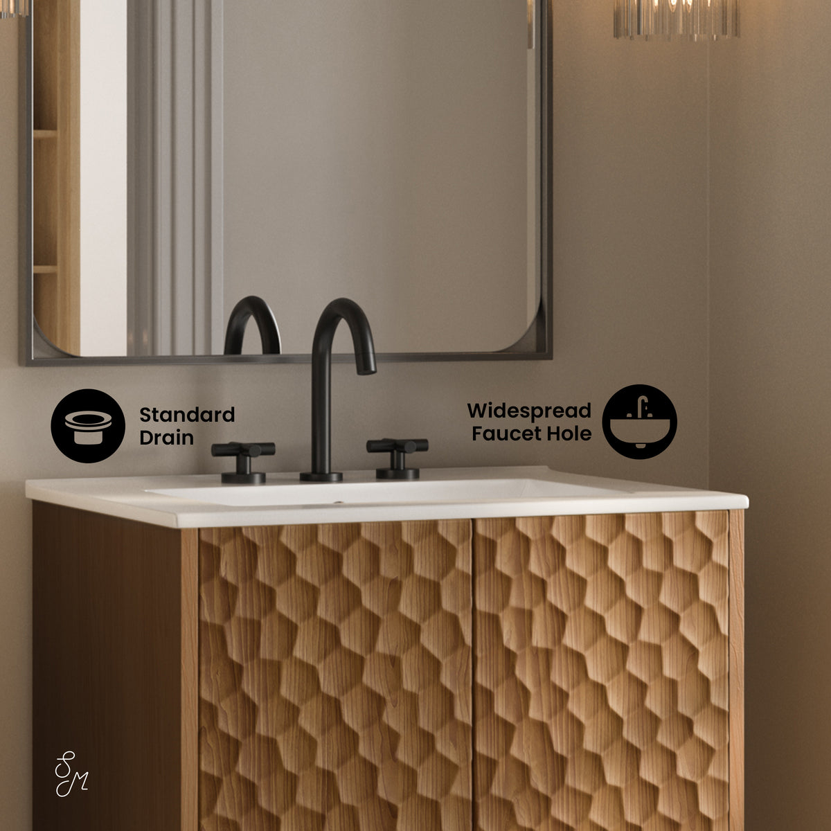 Swiss Madison, Tocador de baño independiente Bosse de 24 pulgadas en roble marrón con encimera de lavabo de 3 orificios en el centro