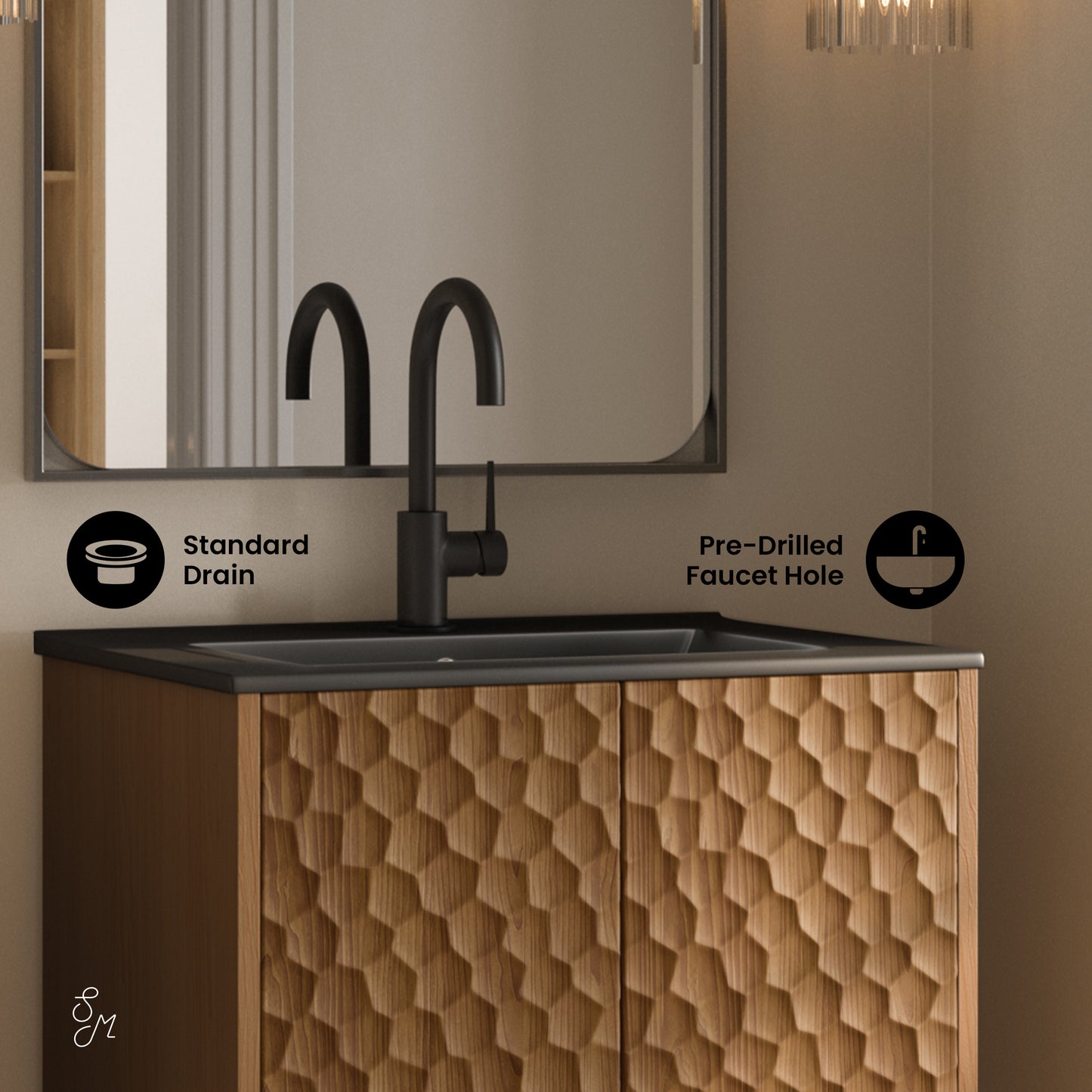 Swiss Madison, Bosse 24" Freestanding Bathroom Vanity in Brown Oak with Black Sink Top