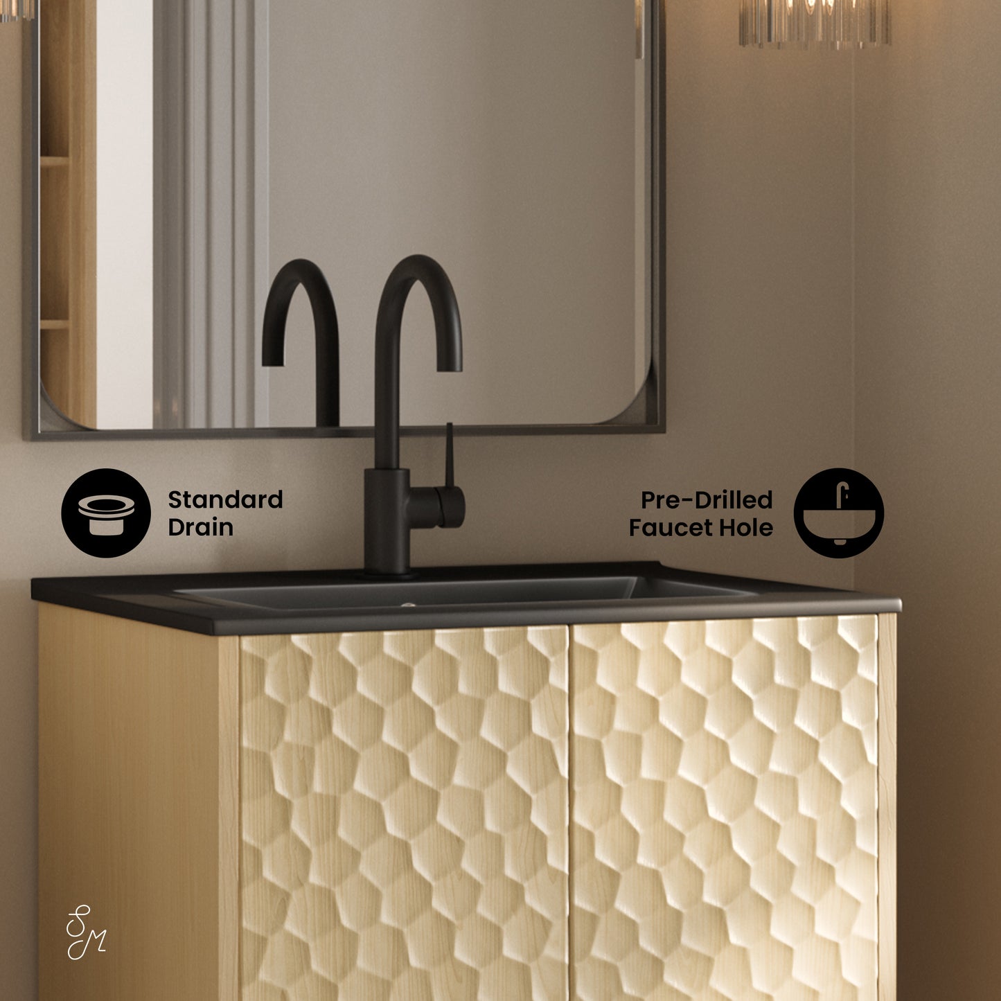 Swiss Madison, Bosse 24" Freestanding Bathroom Vanity in Natural Oak with Black Sink Top