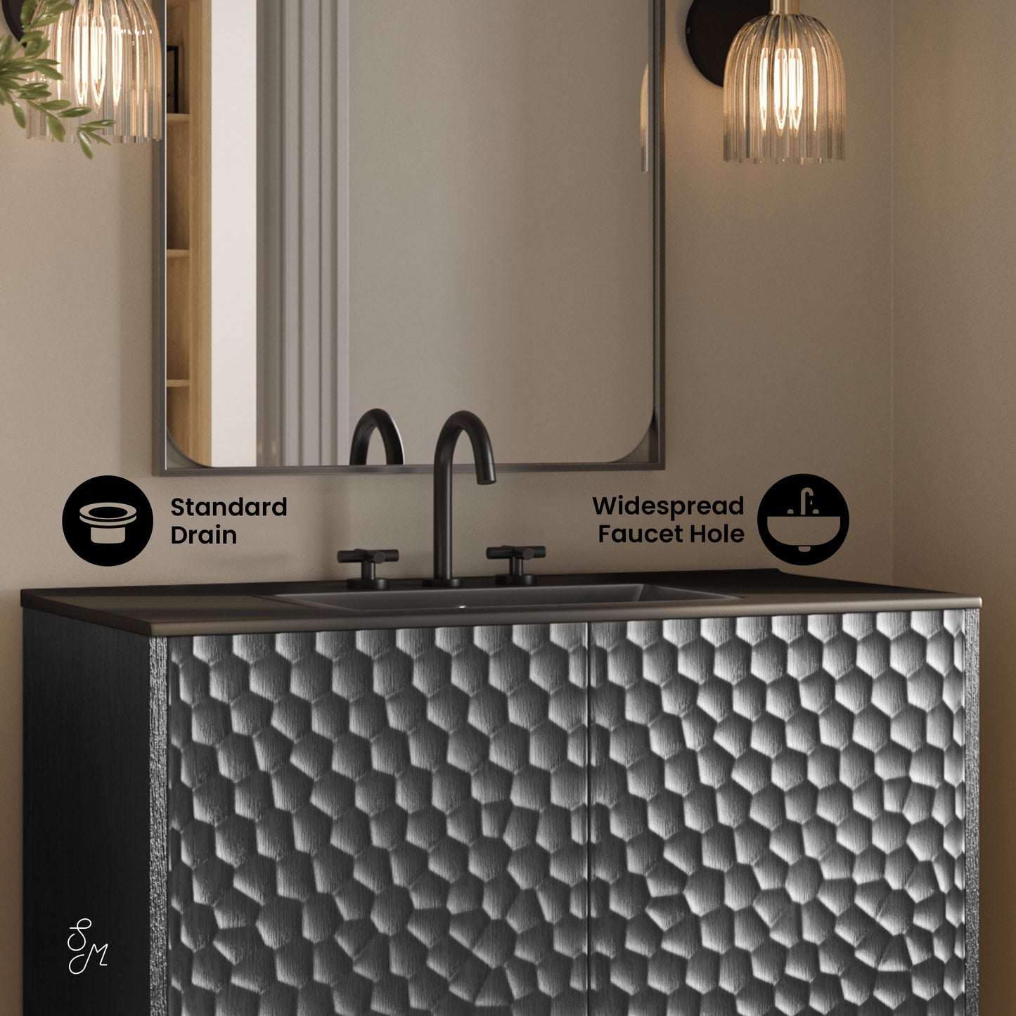 Swiss Madison, Bosse 36" Freestanding Bathroom Vanity in Black Oak with Black 3-Hole Widespread Sink Top