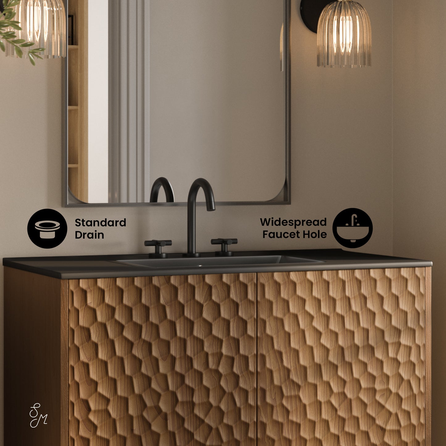 Swiss Madison, Bosse 36" Freestanding Bathroom Vanity in Brown Oak with Black 3-Hole Widespread Sink Top