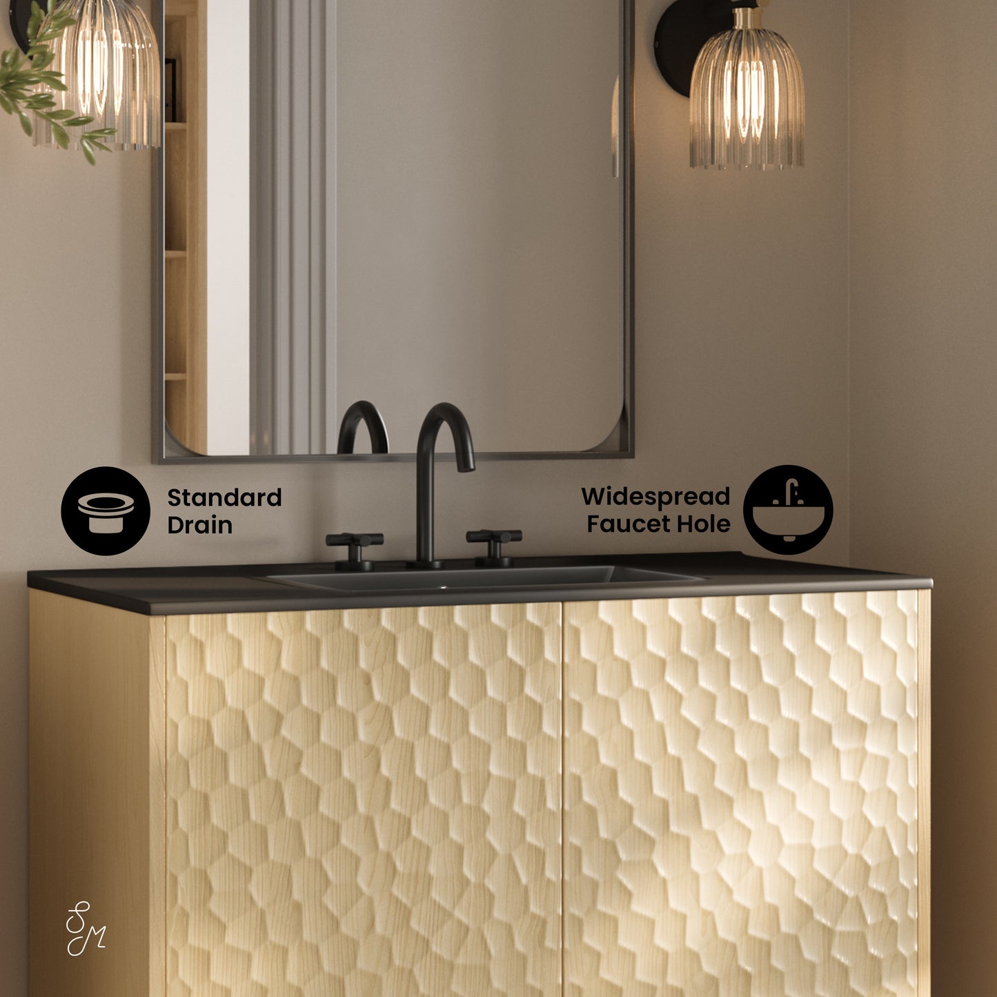 Swiss Madison, Bosse 36" Freestanding Bathroom Vanity in Natural Oak with Black 3-Hole Widespread Sink Top