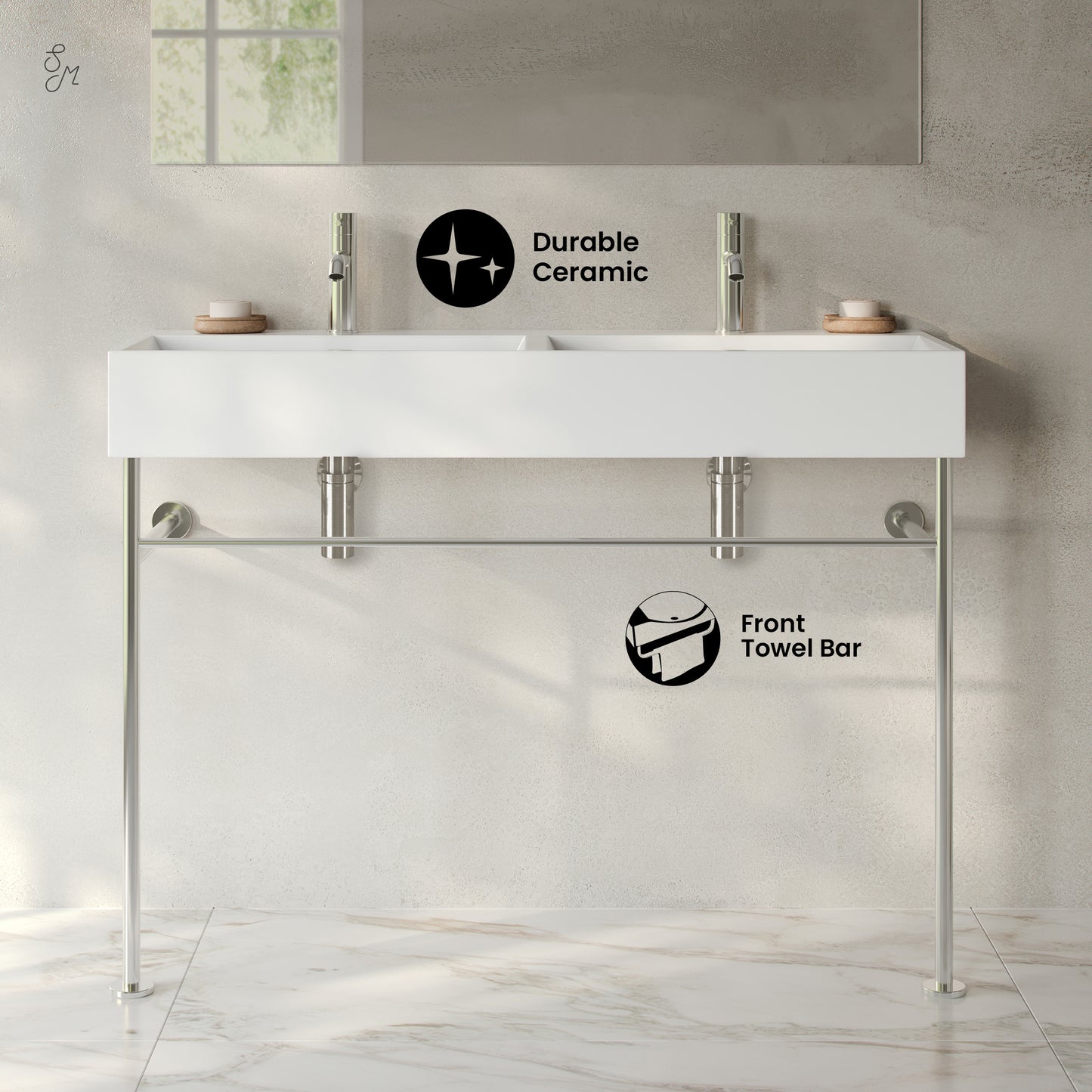 Swiss Madison, Claire 48" Double Basin Console Sink with Polished Chrome Legs