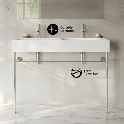 Swiss Madison, Claire 48" Double Basin Console Sink with Polished Chrome Legs
