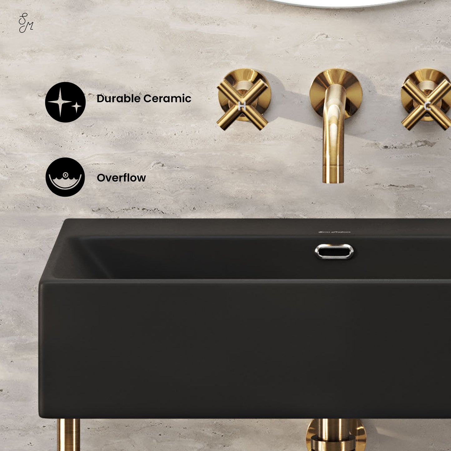 Swiss Madison, Claire 24" Rectangle Matte Black Zero Hole Console Sink with Brushed Gold Legs