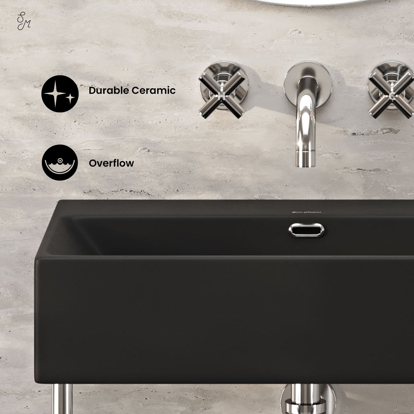 Swiss Madison, Claire 24" Rectangle Matte Black Zero Hole Console Sink with Polished Chrome Legs