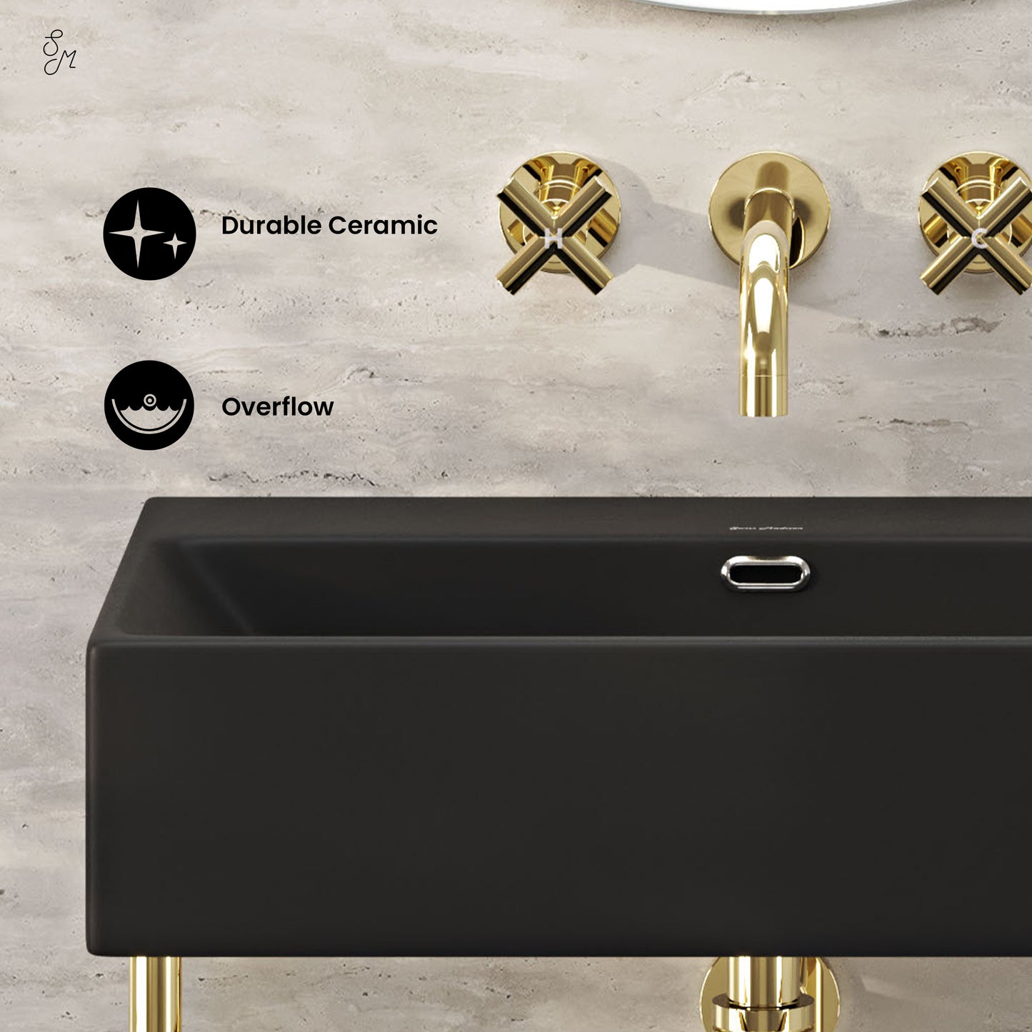 Swiss Madison, Claire 24" Rectangle Matte Black Zero Hole Console Sink with Glossy Gold Legs