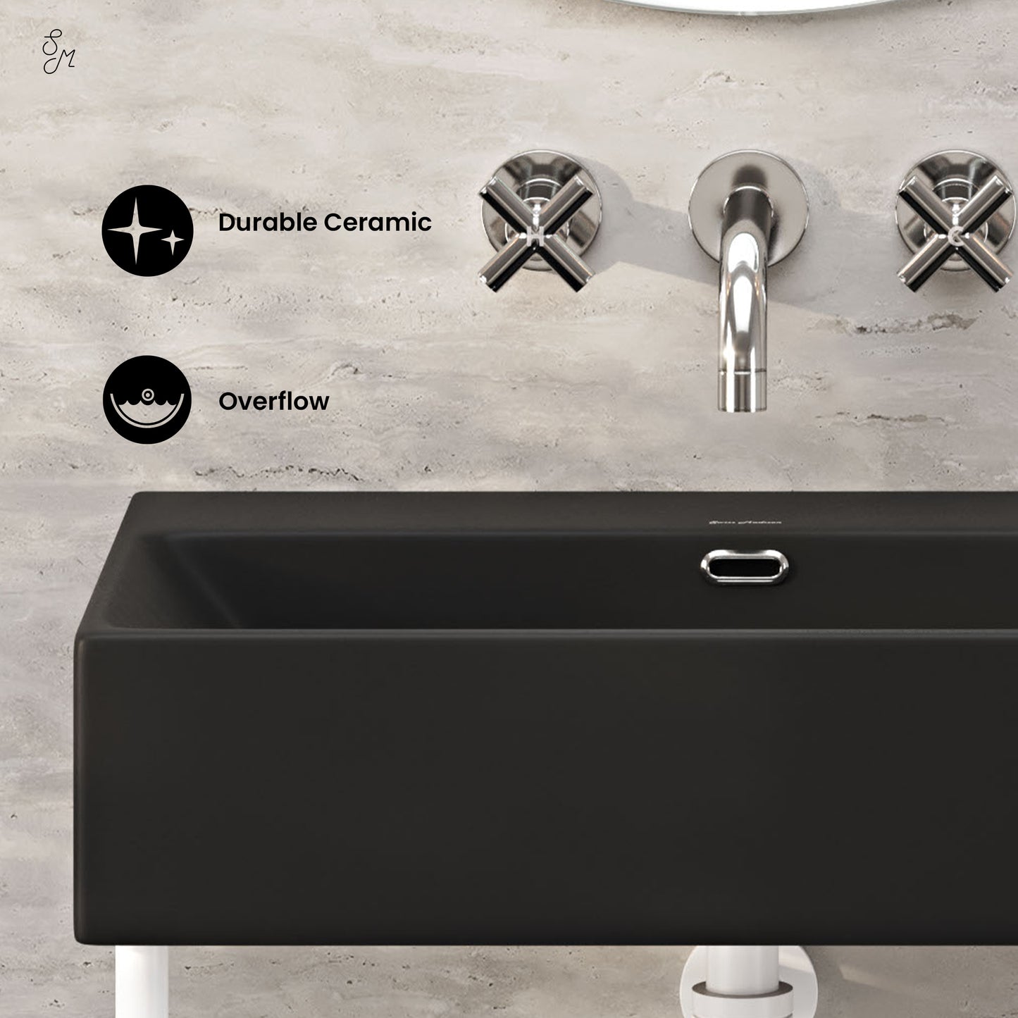 Swiss Madison, Claire 24" Rectangle Matte Black Zero Hole Console Sink with Matte White Legs