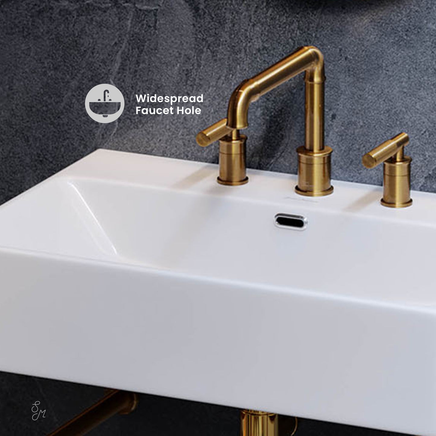 Swiss Madison, Claire 30" Console Sink White Basin Brushed Gold Legs with 8" Widespread Holes