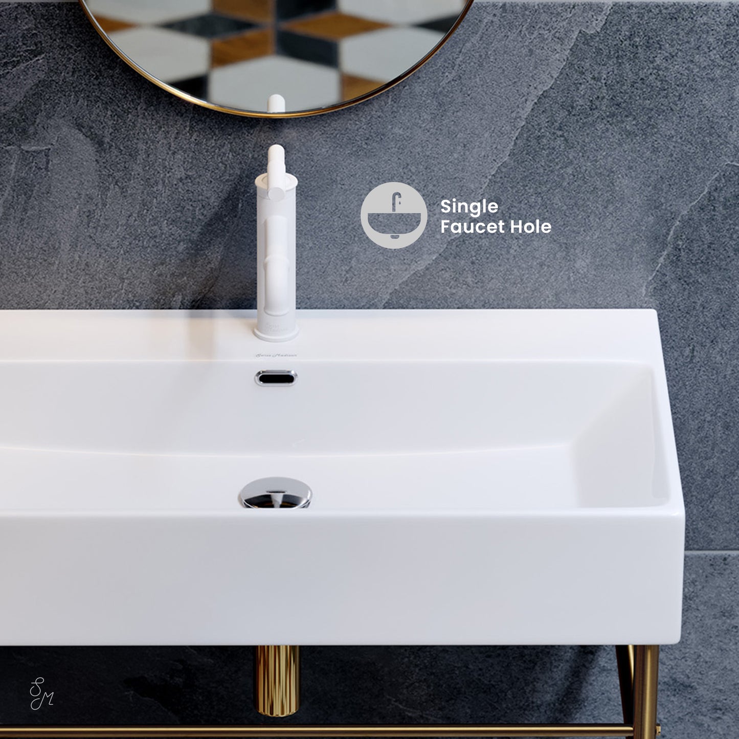 Swiss Madison, Claire 30 Ceramic Console Sink White Basin Brushed Gold Legs