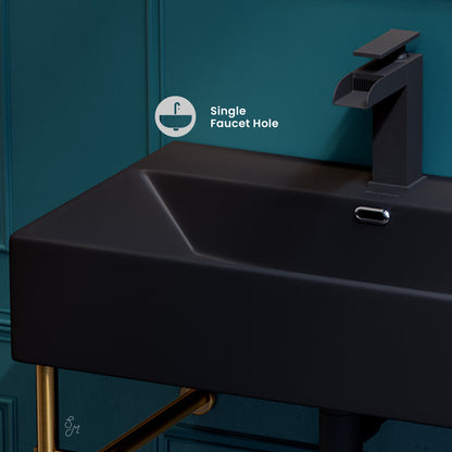 Swiss Madison, Claire 24 Ceramic Console Sink Matte Black Basin Brushed Gold Legs