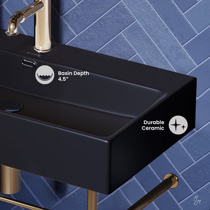 Swiss Madison, Claire 30 Ceramic Console Sink Matte Black Basin Gold Legs
