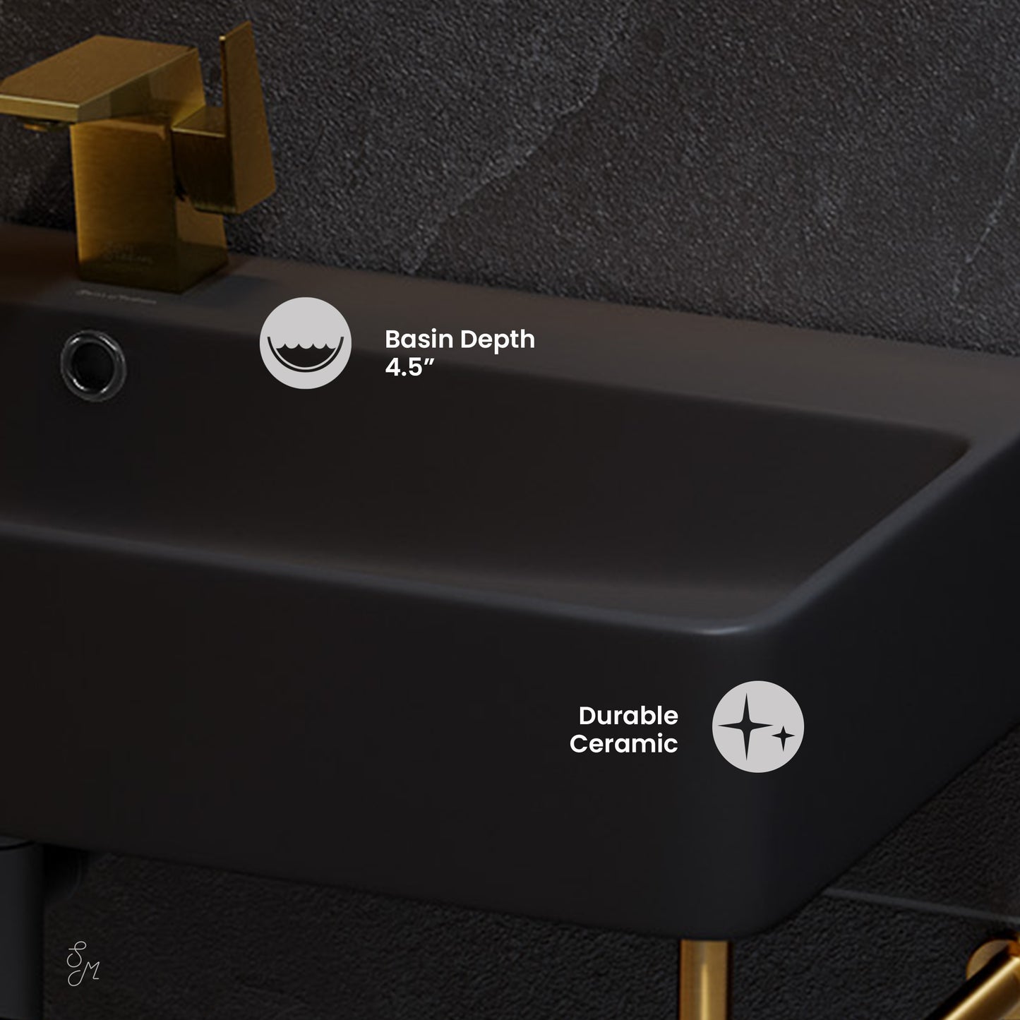 Swiss Madison, Carre 36 Ceramic Console Sink Matte Black Basin Brushed Gold Legs