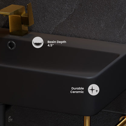 Swiss Madison, Carre 36 Ceramic Console Sink Matte Black Basin Brushed Gold Legs