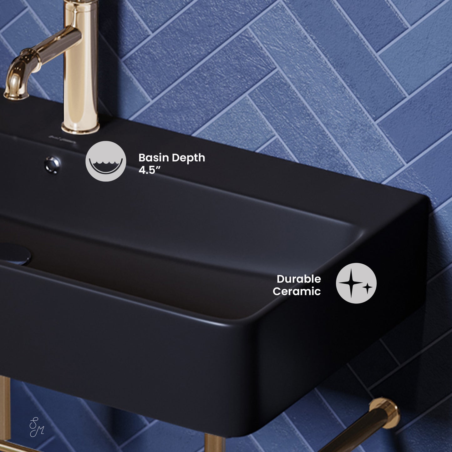 Swiss Madison, Carre 36 Ceramic Console Sink Matte Black Basin Gold Legs