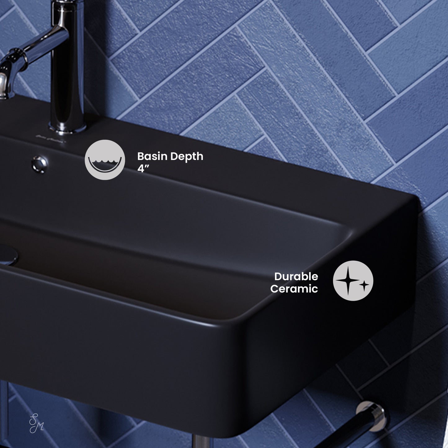 Swiss Madison, Carre 36 Ceramic Console Sink Matte Black Basin Chrome Legs