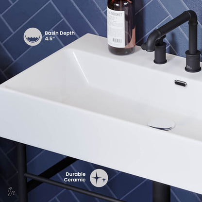 Swiss Madison, Claire 30" Console Sink White Basin Black Legs with 8" Widespread Holes