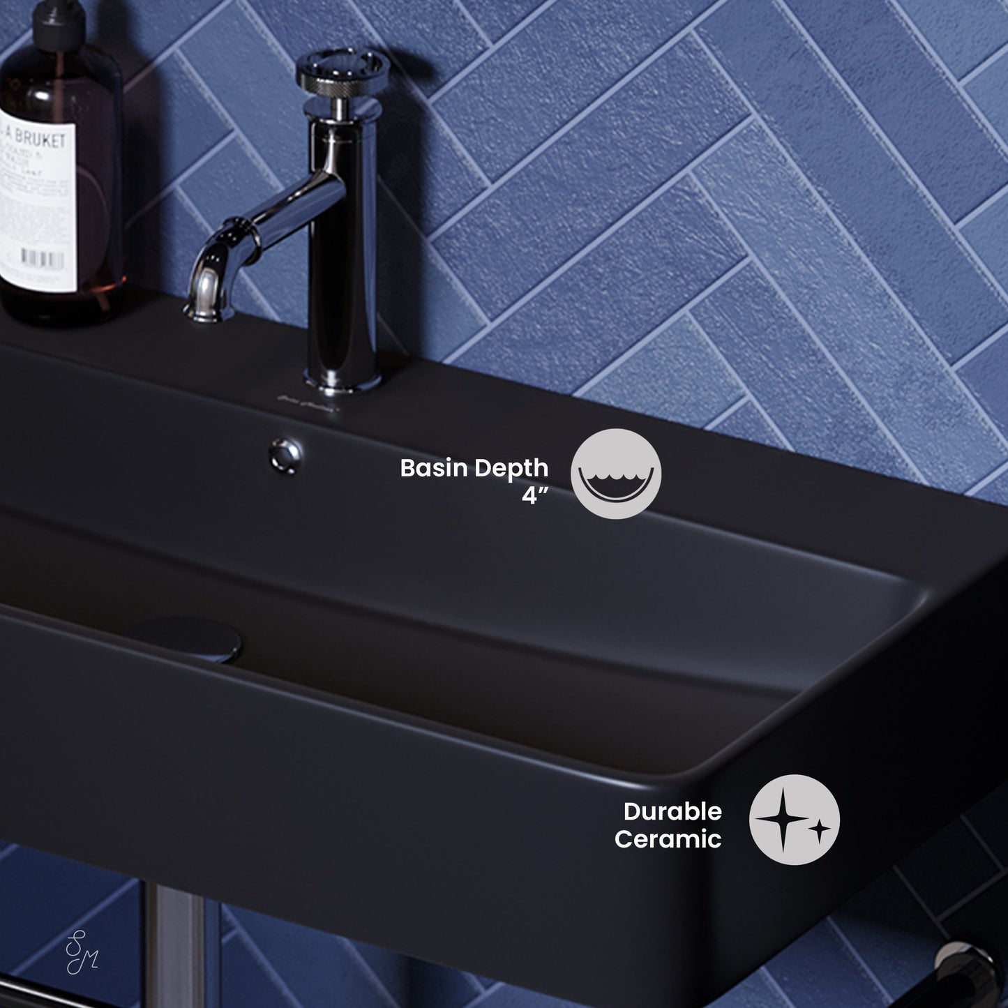 Swiss Madison, Carre 36 Ceramic Console Sink Matte Black Basin Black Legs