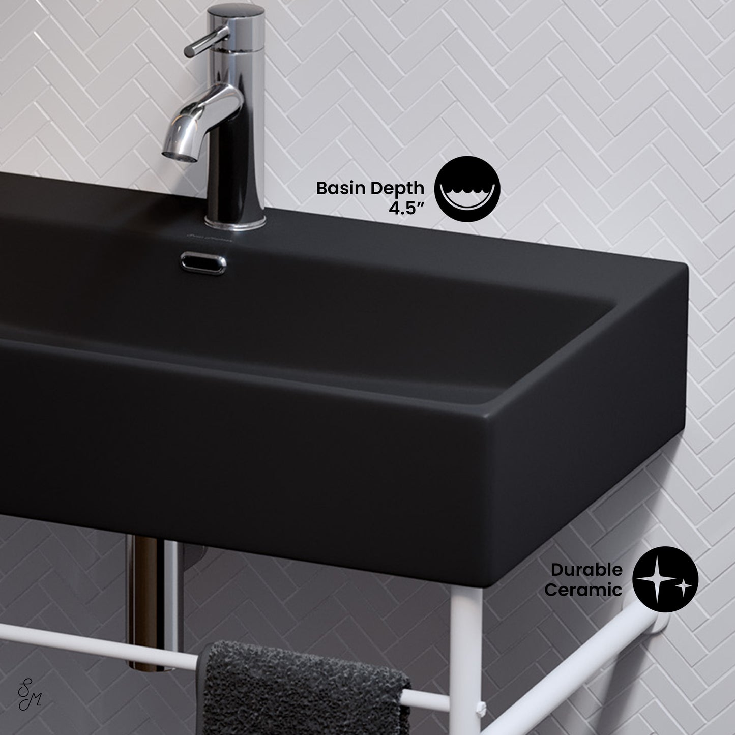 Swiss Madison, Claire 30 Ceramic Console Sink Matte Black Basin Matte White Legs