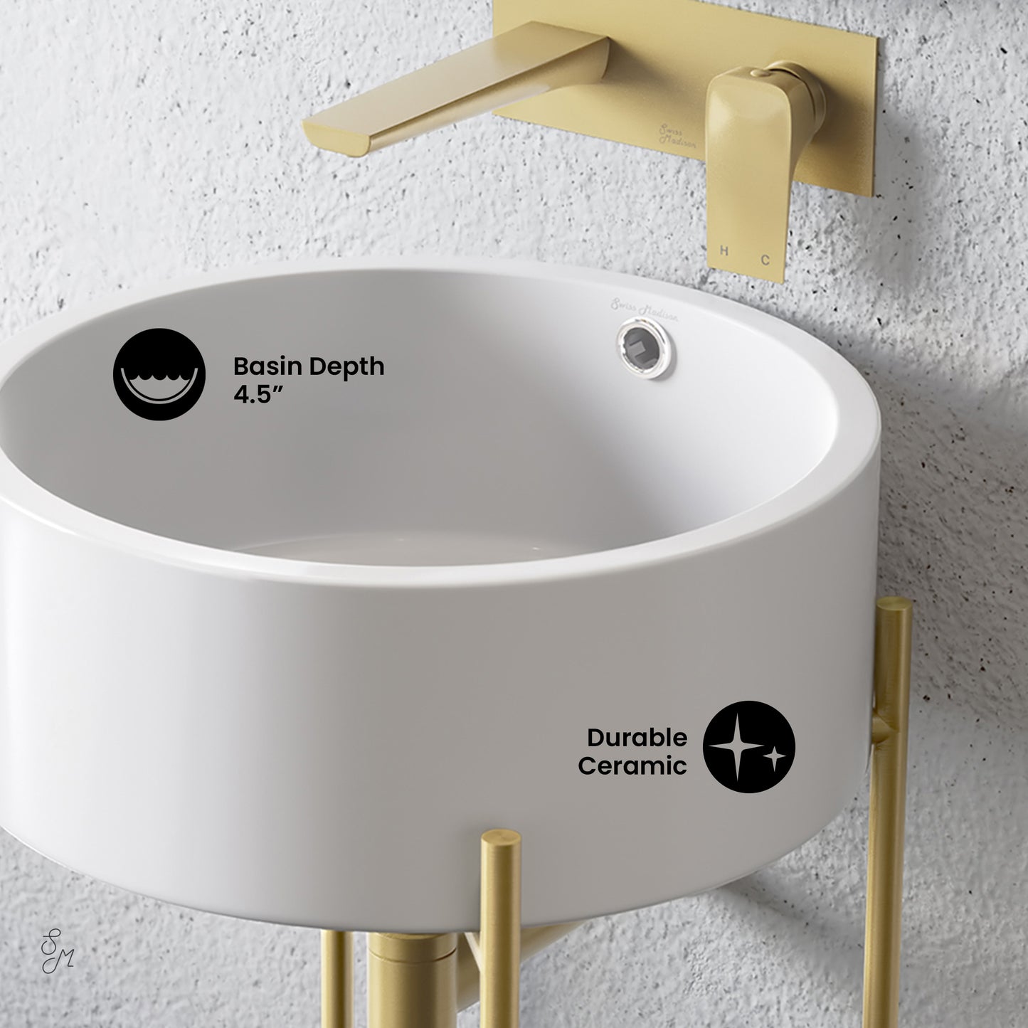 Swiss Madison, Monaco 16.5" Round Console Sink, White Basin Brushed Gold Legs