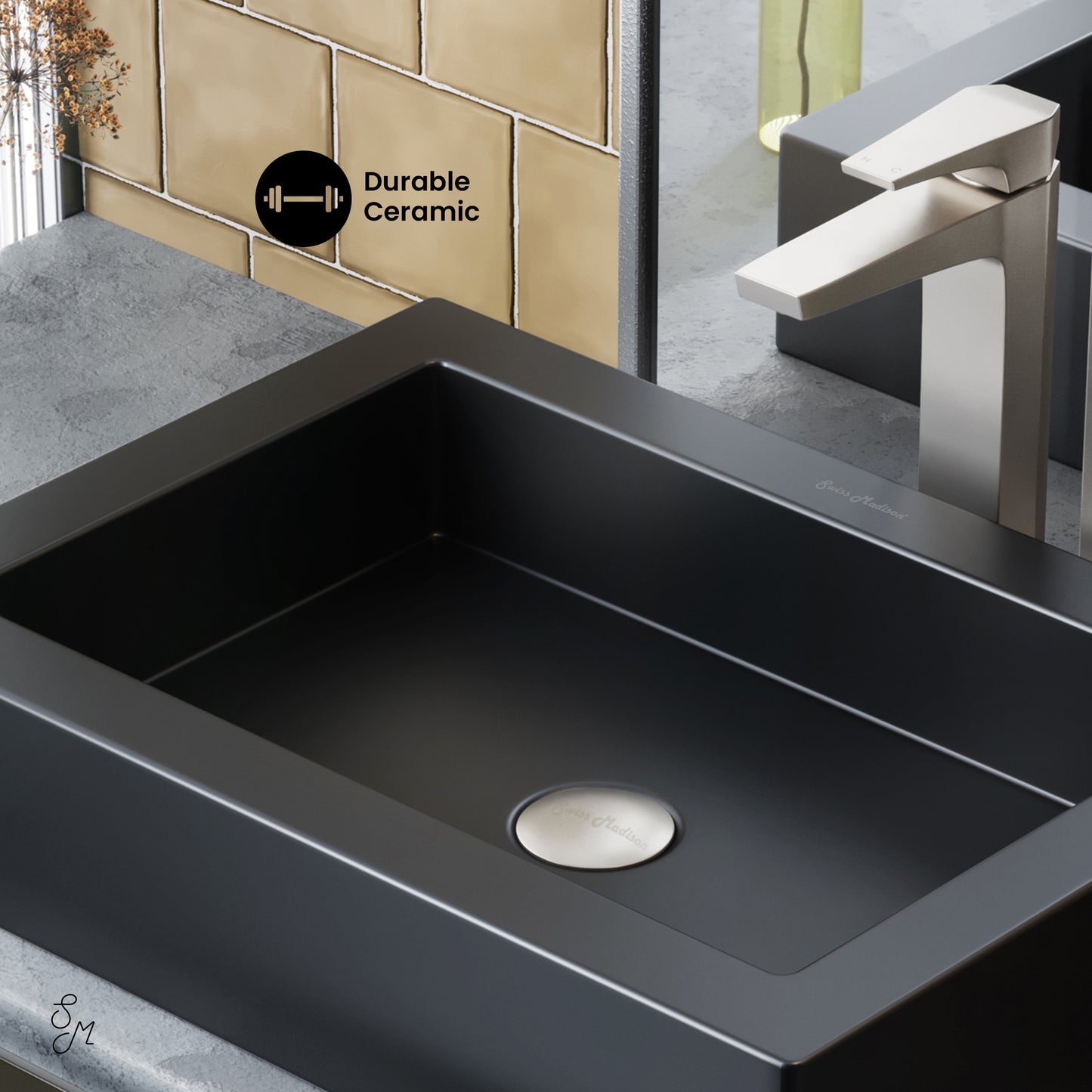 Swiss Madison, Voltaire Ceramic Rectangle Vessel Sink, Matte Black