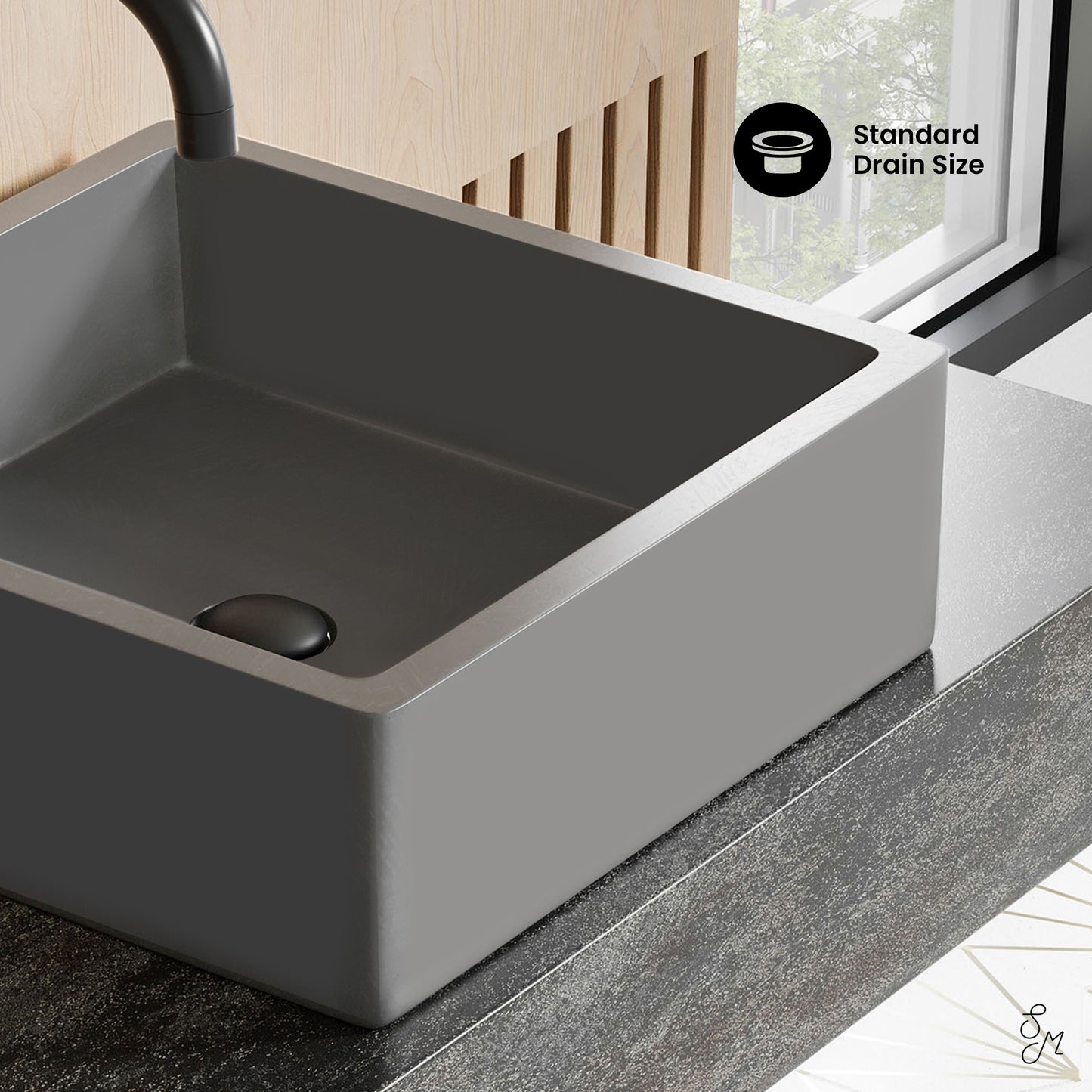 Swiss Madison, Lisse 15.5" Square Concrete Vessel Bathroom Sink in Dark Grey