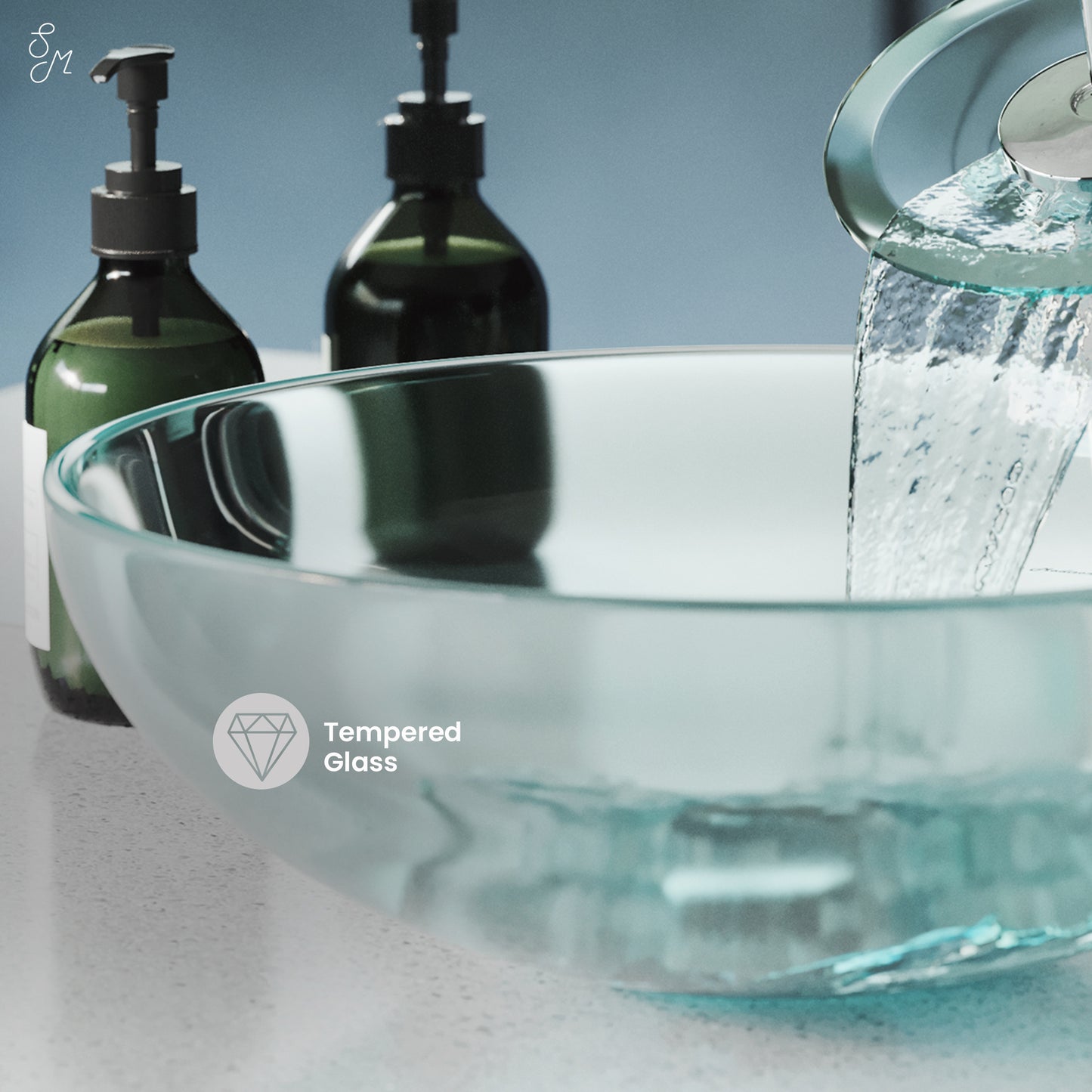 Swiss Madison, Cascade 16.5 Glass Vessel Sink with Faucet, Clear
