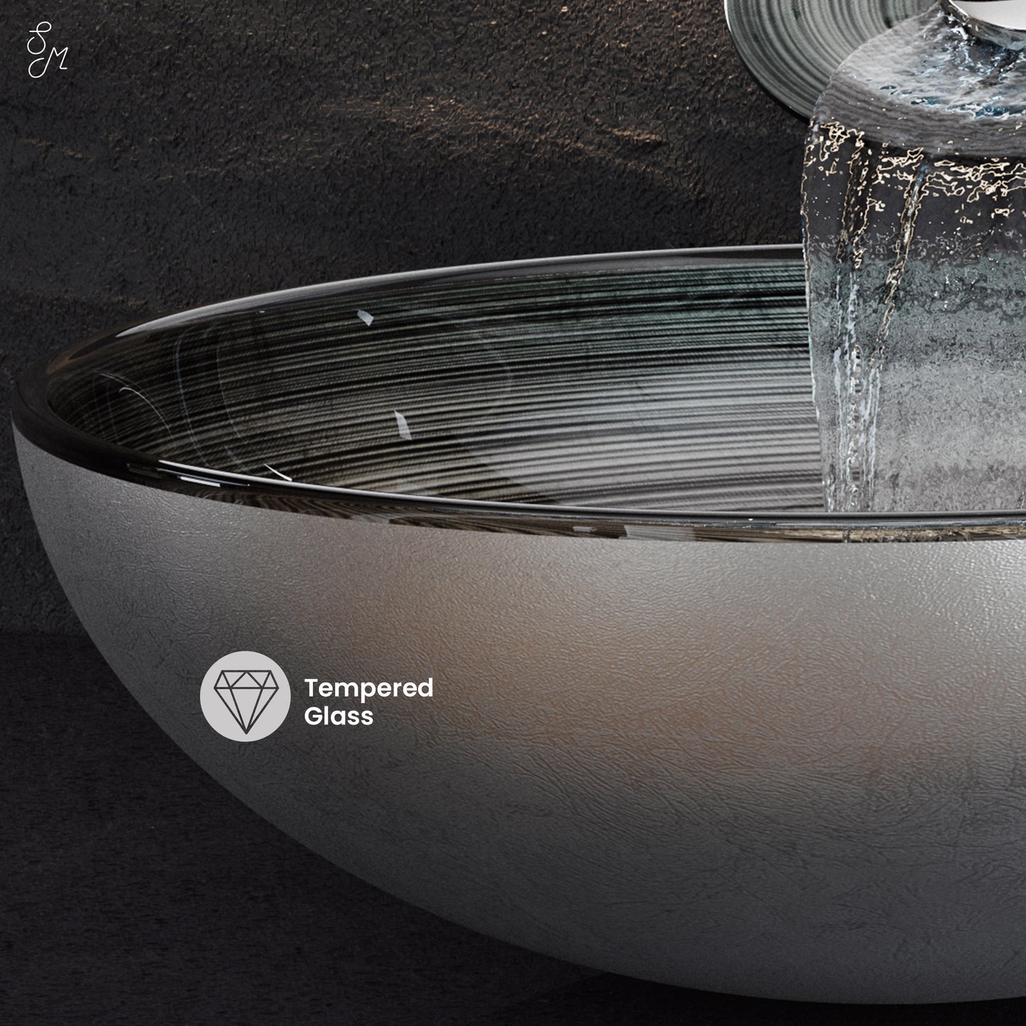 Swiss Madison, Cascade 16.5 Glass Vessel Sink with Faucet, Smoky Grey