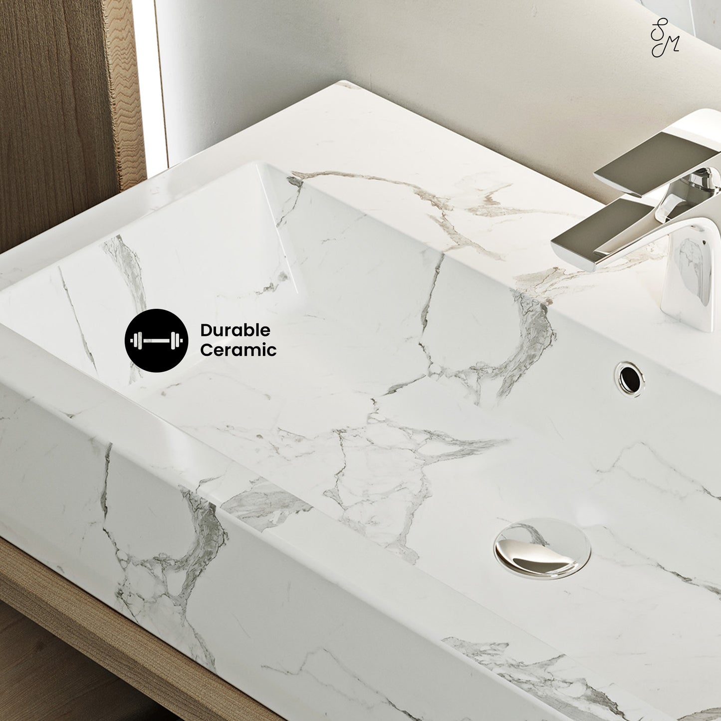 Swiss Madison, Voltaire Wide Rectangle Vessel Sink in White Marble