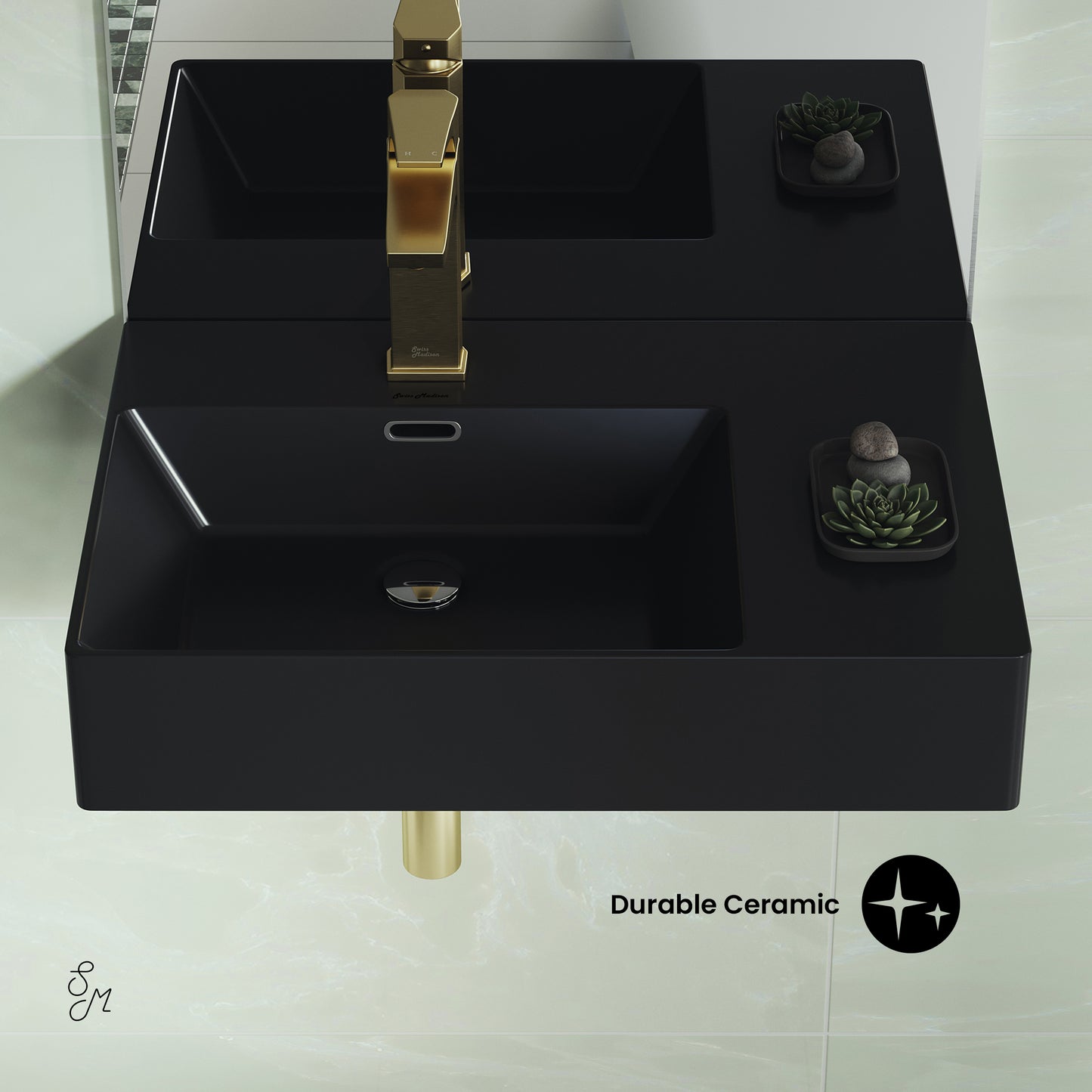 Swiss Madison, St. Tropez 24 x 18 Ceramic Wall Hung Sink with Left Side Faucet Mount, Matte Black