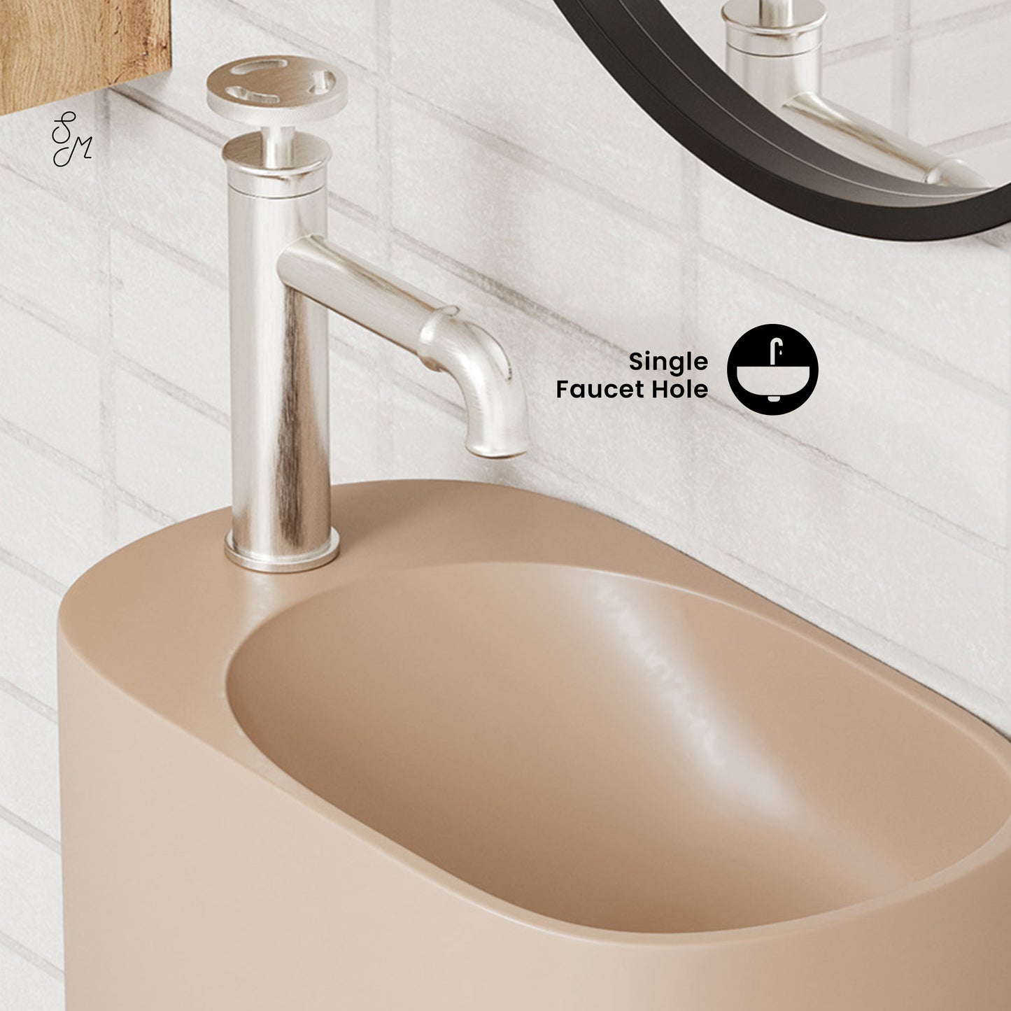 Swiss Madison, Terre 18" Solid Surface Oval Wall-Mounted Sink with Left Side Faucet Mount in Matte Pastel Peach