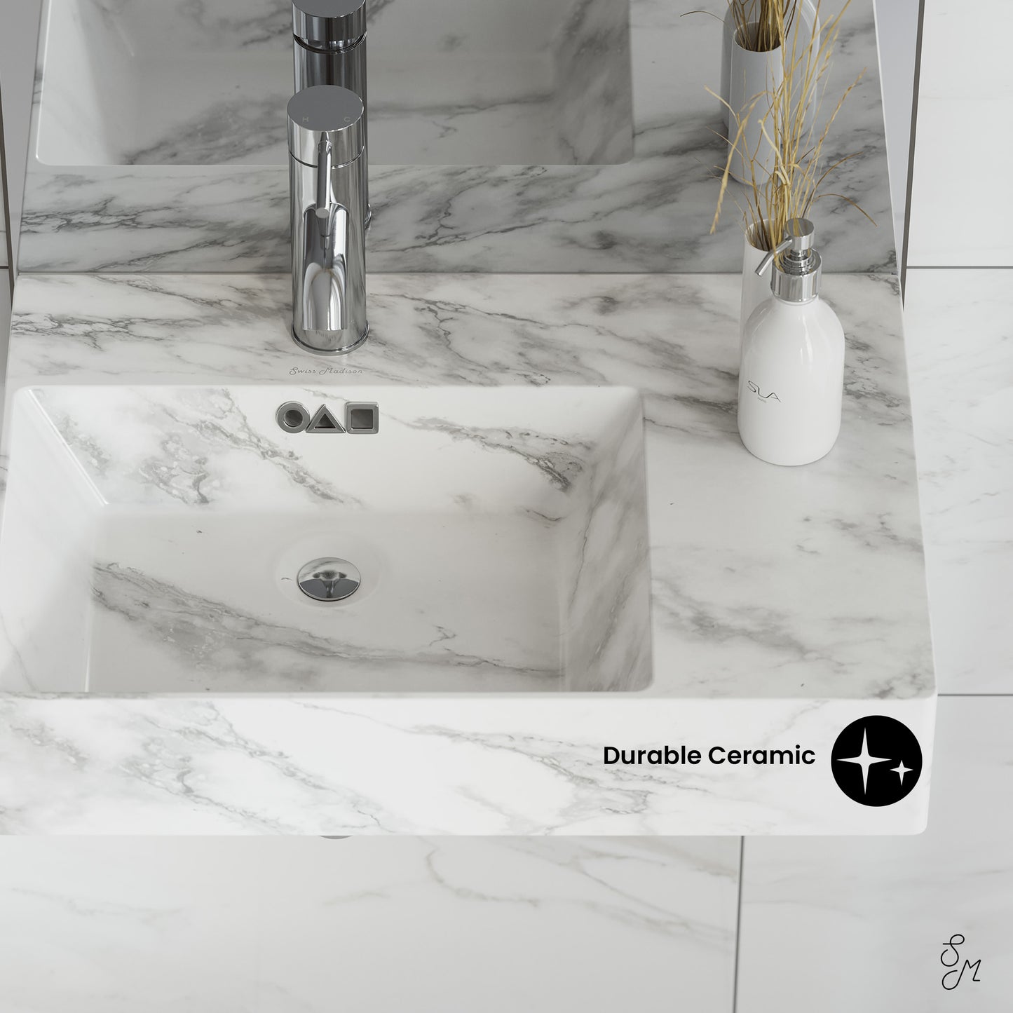 Swiss Madison, St. Tropez 24" Left Side Faucet Wall-Mount Bathroom Sink in White Marble