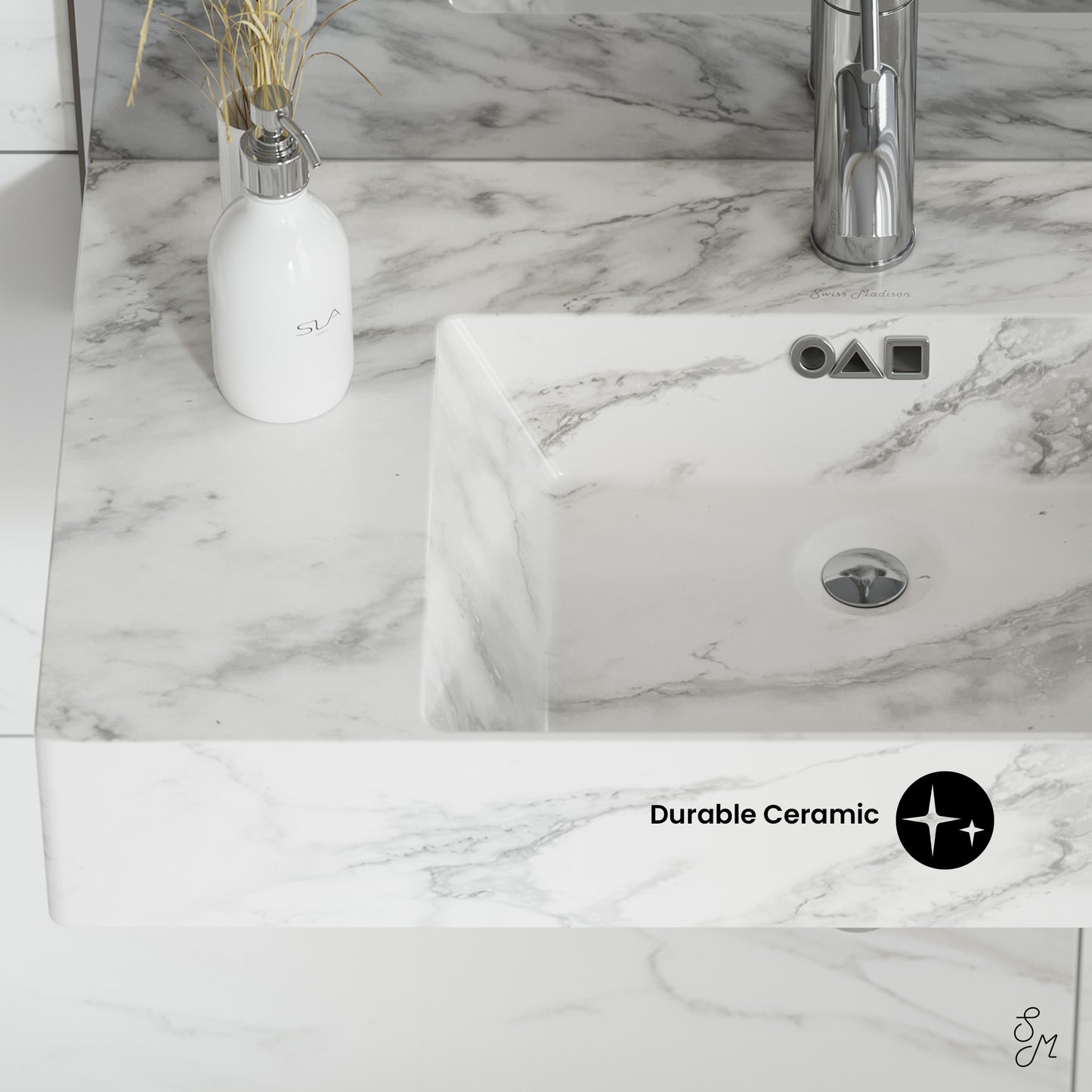 Swiss Madison, St. Tropez 24" Right Side Faucet Wall-Mount Bathroom Sink in White Marble