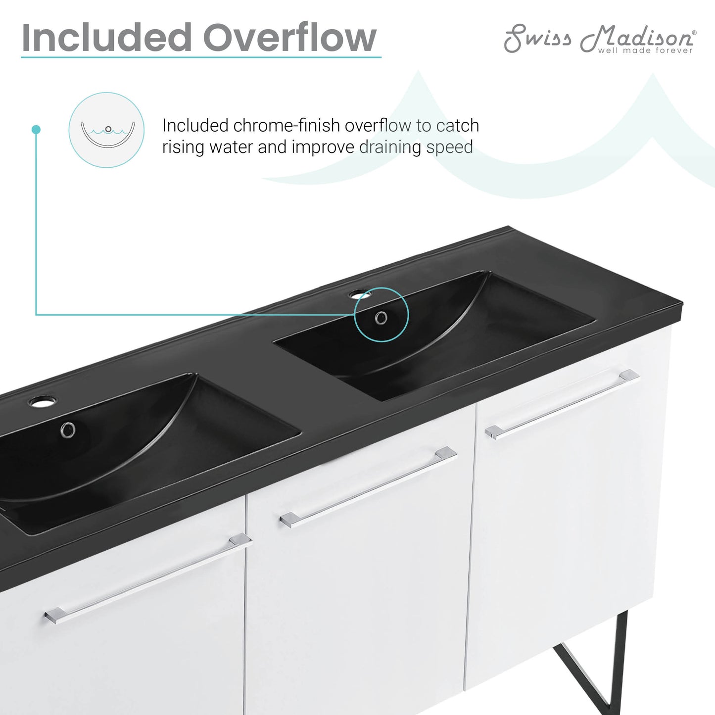 Swiss Madison, Annecy 60 in. White, Double Basin Bathroom Vanity With Black Artificial Stone Sink Top
