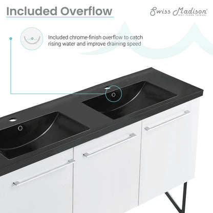 Swiss Madison, Annecy 60 in. White, Double Basin Bathroom Vanity With Black Artificial Stone Sink Top