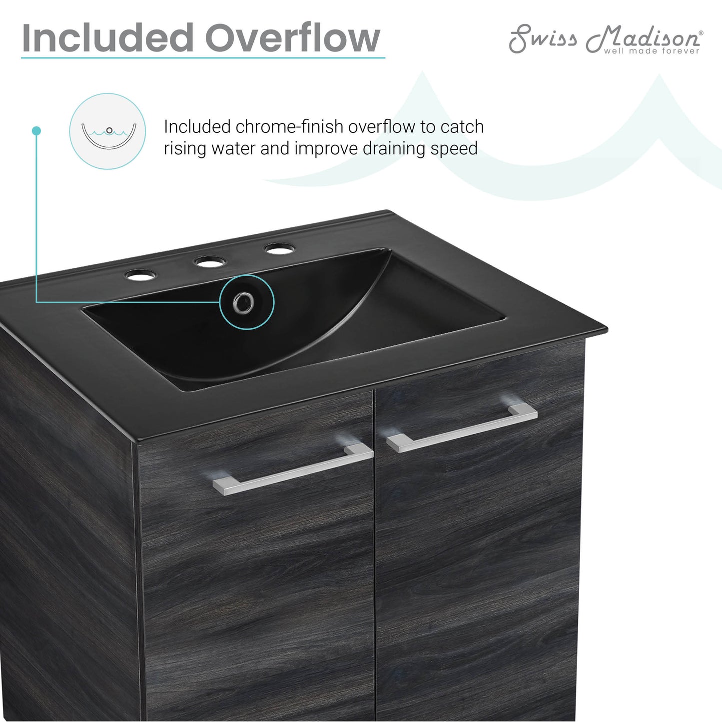 Swiss Madison, Annecy 24 in. Black Walnut Bathroom Vanity With Black, 3-Hole Ceramic Sink Top