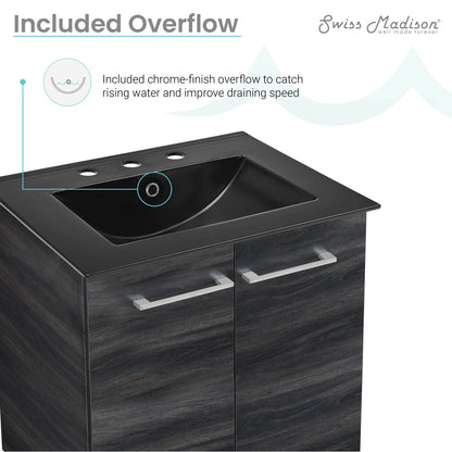 Swiss Madison, Annecy 24 in. Black Walnut Bathroom Vanity With Black, 3-Hole Ceramic Sink Top