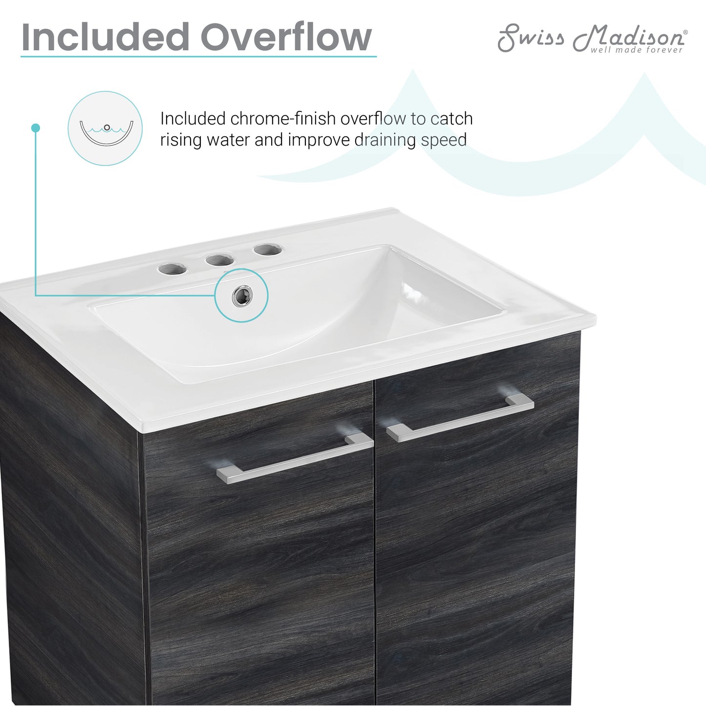 Swiss Madison, Annecy 24 in. Black Walnut Bathroom Vanity With White, 3-Hole Ceramic Sink Top