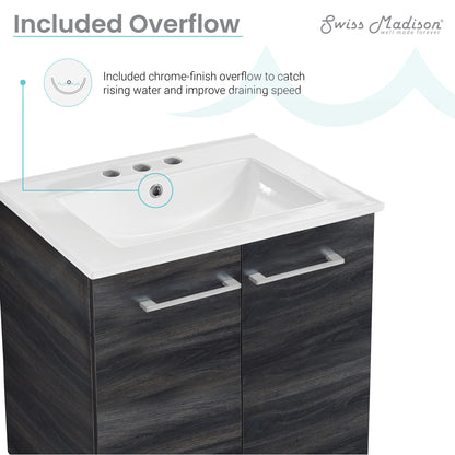 Swiss Madison, Annecy 24 in. Black Walnut Bathroom Vanity With White, 3-Hole Ceramic Sink Top
