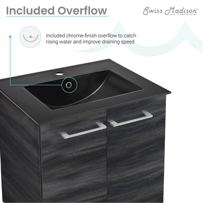 Swiss Madison, Annecy 24 in. Black Walnut Bathroom Vanity With Black Ceramic Sink Top
