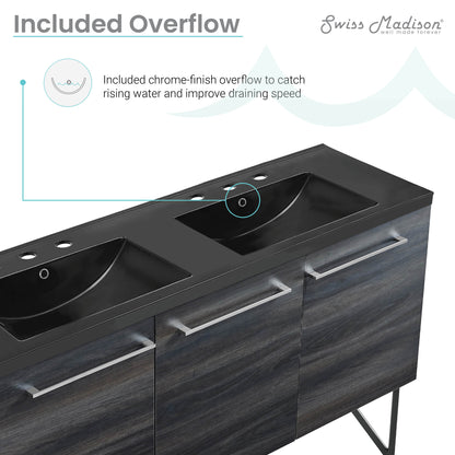 Swiss Madison, Annecy 60 in. Black Walnut, Double Basin Bathroom Vanity With Black, 3-Hole Artificial Stone Sink Top