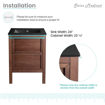 Swiss Madison, Nadar 24 in. Brown Walnut Bathroom Vanity With Black, 3-Hole Ceramic Sink Top