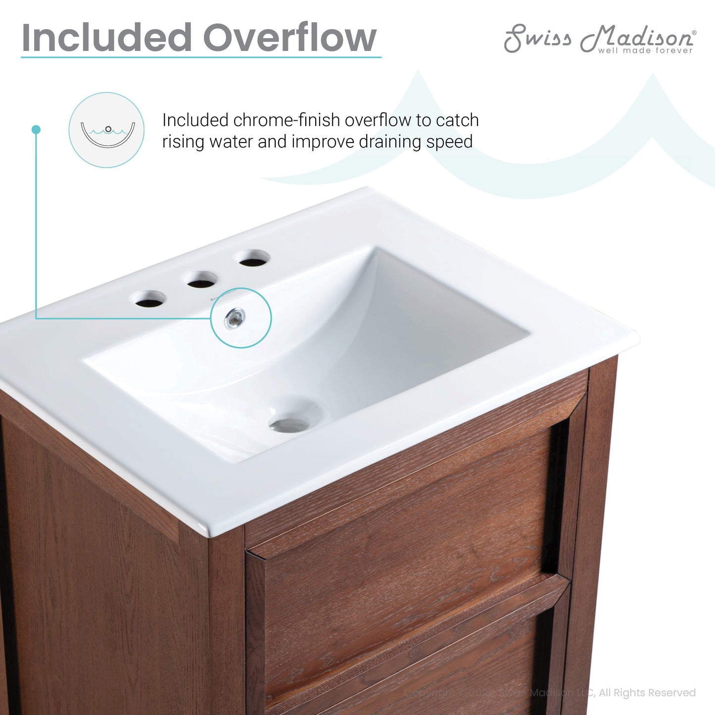 Swiss Madison, Nadar 24 in. Brown Walnut Bathroom Vanity With White, 3-Hole Ceramic Sink Top