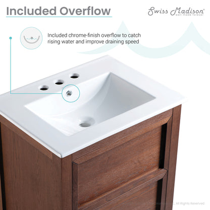 Swiss Madison, Nadar 24 in. Brown Walnut Bathroom Vanity With White, 3-Hole Ceramic Sink Top
