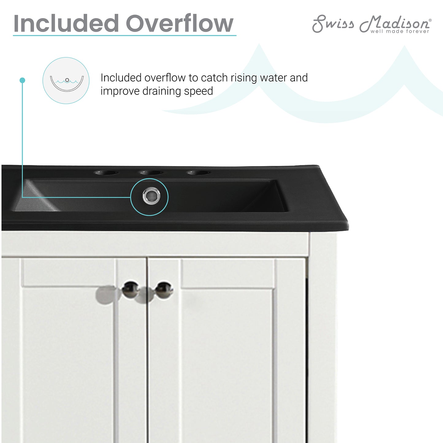Swiss Madison, Cannes 24 in. White Bathroom Vanity With Black, 3-Hole Ceramic Sink Top